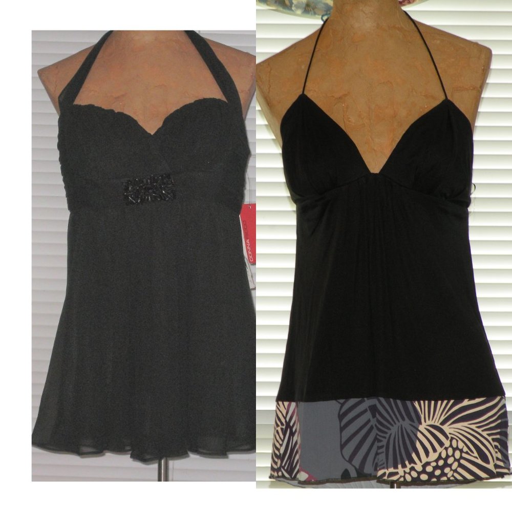 NWT $256 Black DONNA RICCO & SEVEN 7 FOR ALL MANKIND Silk Halter Tops S 8
